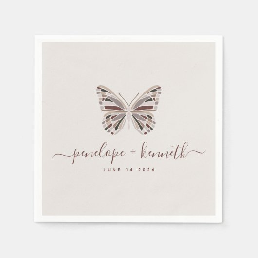 Serviette En Papier Simple Boho Butterfly Burgundy Taupe Mariage (Devant)
