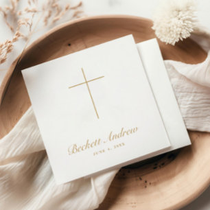 Serviette En Papier Simple Croix d'Or Script Baptême