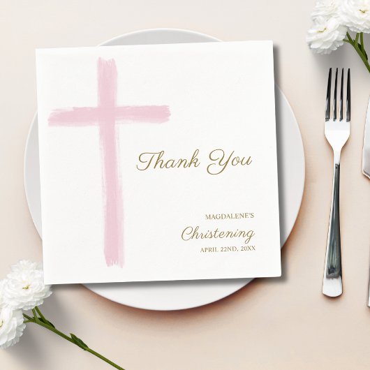 Serviette En Papier Simple Croix Rose Merci Baptême