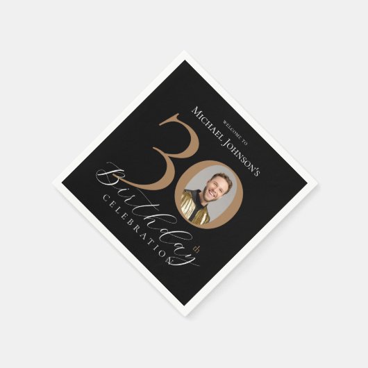 Serviette En Papier Simple Elegant Black Gold Photo 30e anniversaire (Coin)