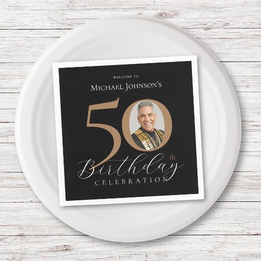 Serviette En Papier Simple Elegant Black Gold Photo 50e anniversaire