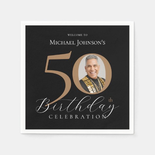 Serviette En Papier Simple Elegant Black Gold Photo 50e anniversaire (Devant)