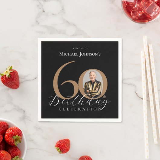 Serviette En Papier Simple Elegant Black Gold Photo 60e anniversaire (En situation)