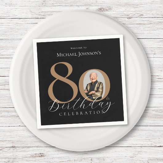 Serviette En Papier Simple Elegant Black Gold Photo 80e anniversaire