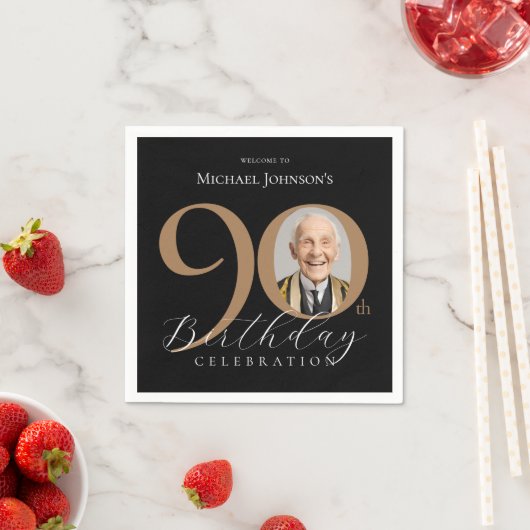 Serviette En Papier Simple Elegant Black Gold Photo 90e anniversaire (En situation)