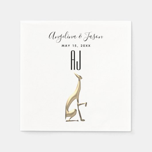 Serviette En Papier Simple Elegant Gold Chien noir et blanc Mariage (Devant)