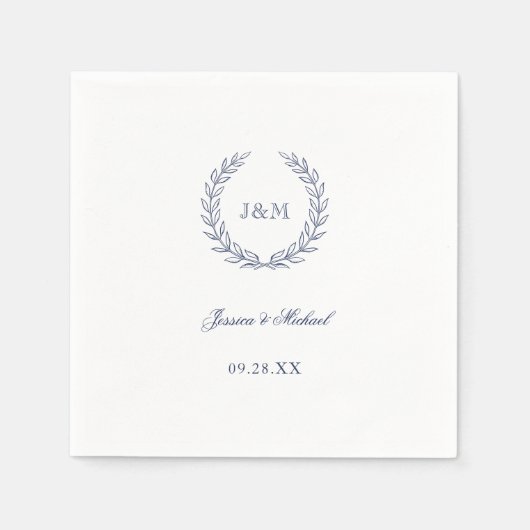 Serviette En Papier Simple élégant Mariage de monogramme bleu marine (Devant)