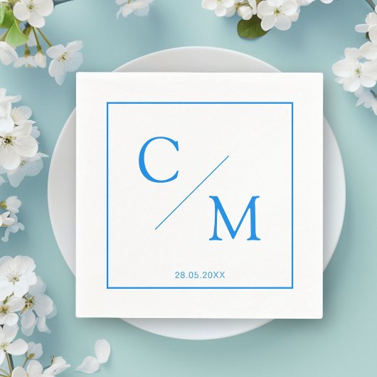 Serviette En Papier Simple Élégant Monogramme Blanc Bleu