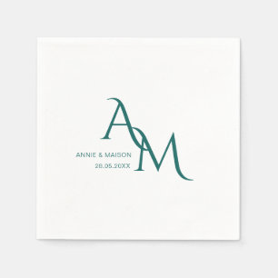 Serviette En Papier Simple Élégant Monogramme Blanc Turquoise Mariage