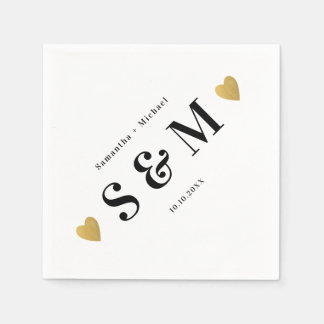 Serviette En Papier Simple Élégant Monogramme Cœurs Dorés Fête