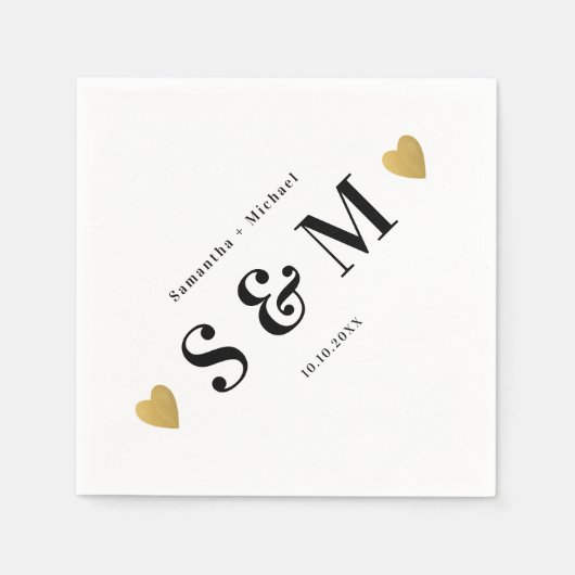 Serviette En Papier Simple Élégant Monogramme Cœurs Dorés Fête (Devant)