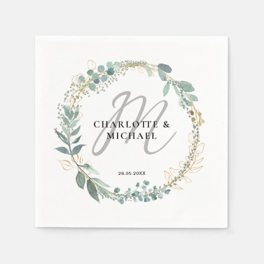 Serviette En Papier Simple, élégant, monogramme mariage eucalyptus (Devant)