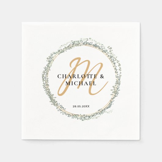 Serviette En Papier Simple, élégant, monogramme mariage eucalyptus (Devant)
