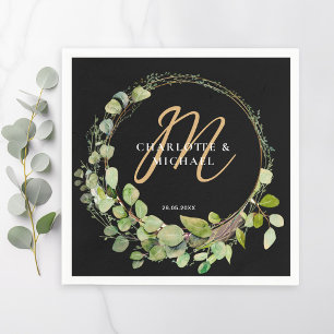 Serviette En Papier Simple, élégant, monogramme mariage eucalyptus