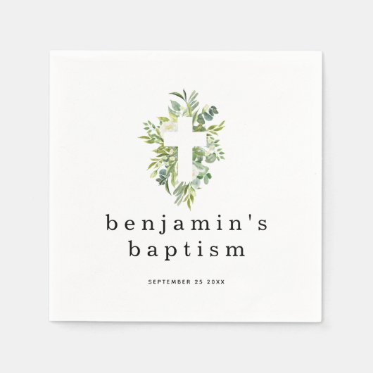Serviette En Papier Simple Eucalyptus Feuilles Nom croisé Date Baptême (Devant)