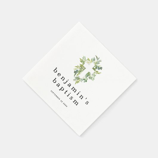 Serviette En Papier Simple Eucalyptus Feuilles Nom croisé Date Baptême (Coin)