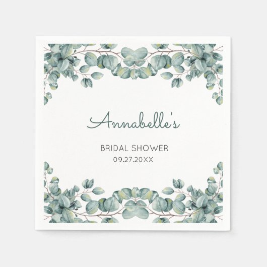 Serviette En Papier Simple Eucalyptus Vert Blanc Mariage  (Devant)