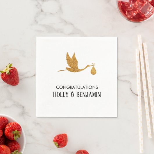 Serviette En Papier Simple Faux Gold Stork Baby shower Félicitations (En situation)