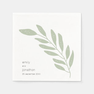 Serviette En Papier Simple Feuilles Vert Sauge Noms Date Mariage 