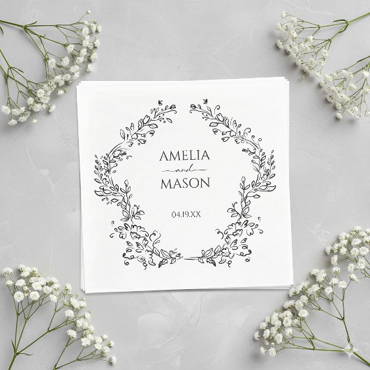 Serviette En Papier Simple Floral Frame Black and White Paper Wedding