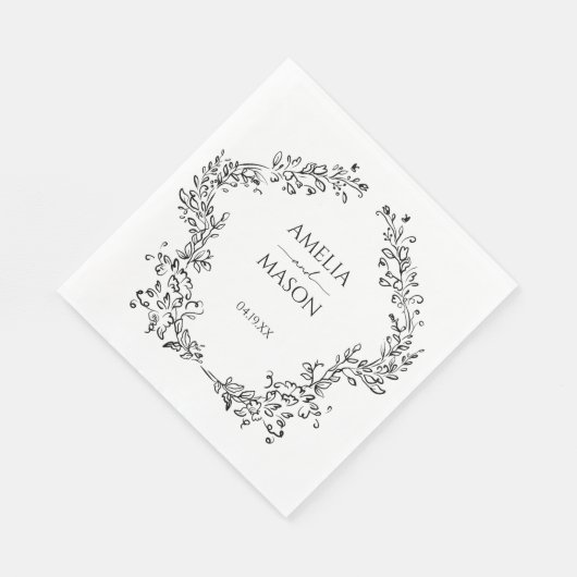 Serviette En Papier Simple Floral Frame Black and White Paper Wedding (Coin)