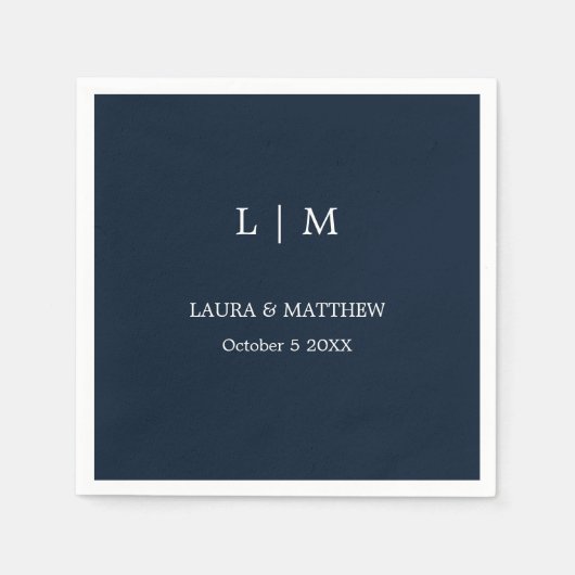 Serviette En Papier Simple Mariage bleu marine Monogram (Devant)