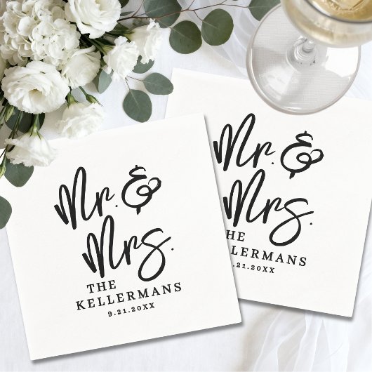 Serviette En Papier Simple Mariage Écriture Blanc Noir