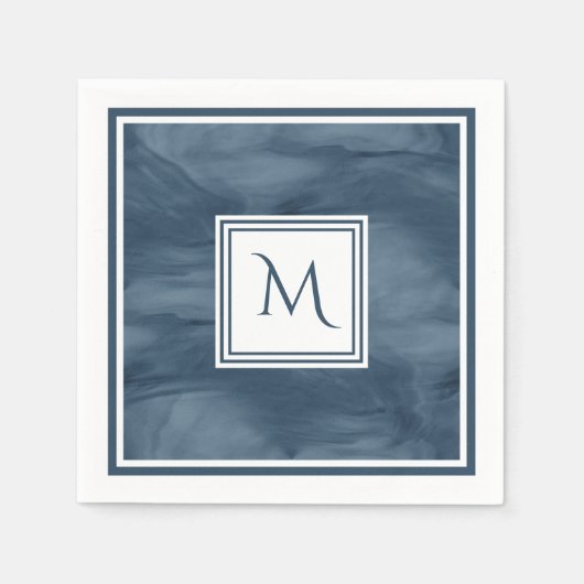 Serviette En Papier Simple Marine Bleu Marbre subtil Monogramme modern (Devant)