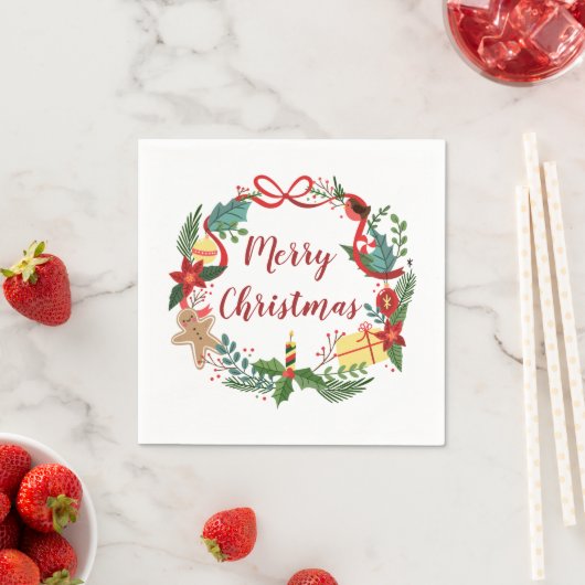 Serviette En Papier Simple Merry Christmas Wreath | Napkin (En situation)