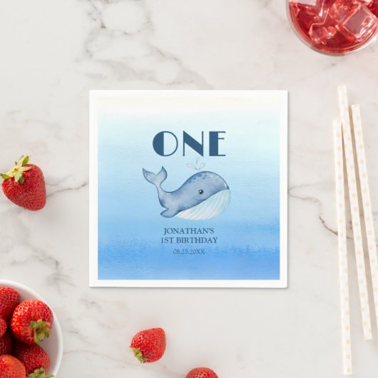 Serviette En Papier Simple mignonne Baleine Bleue Mer 1er anniversaire (En situation)