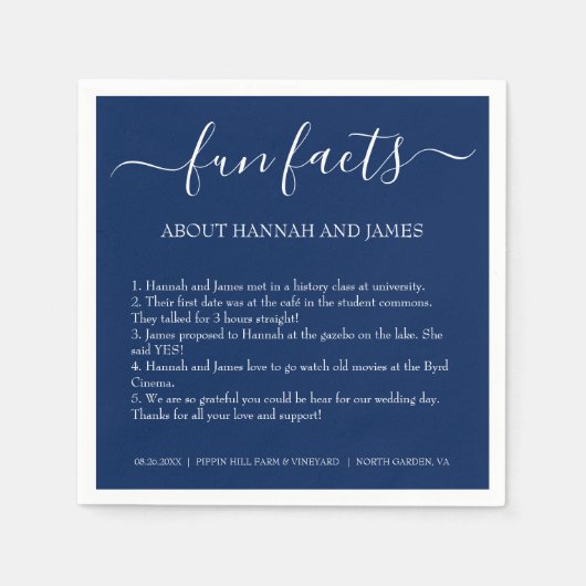 Serviette En Papier Simple Modern Navy Bleu Script Fun Faits Mariage N (Devant)