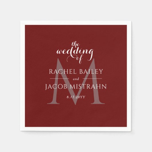 Serviette En Papier Simple Monogramme Mariage de Noël rouge foncé (Devant)