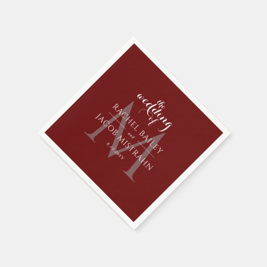 Serviette En Papier Simple Monogramme Mariage de Noël rouge foncé (Coin)
