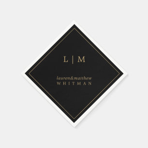 Serviette En Papier Simple Monogramme Noir et Or Élégant de Mariage