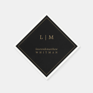Serviette En Papier Simple Monogramme Noir et Or Élégant de Mariage