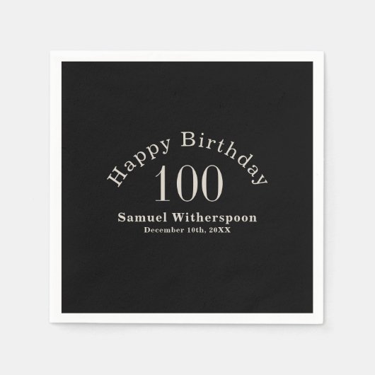 Serviette En Papier Simple noir et écru beige 100e anniversaire (Devant)