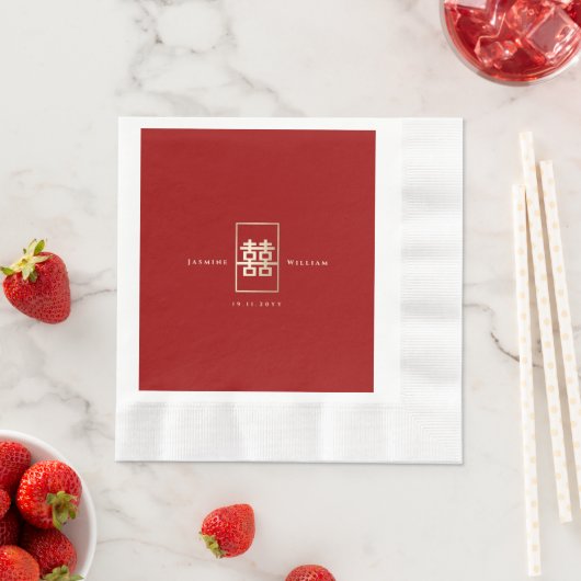 Serviette En Papier Simple Rectangle double bonheur Mariage chinois (En situation)