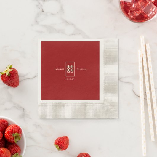 Serviette En Papier Simple Rectangle double bonheur Mariage chinois (En situation)