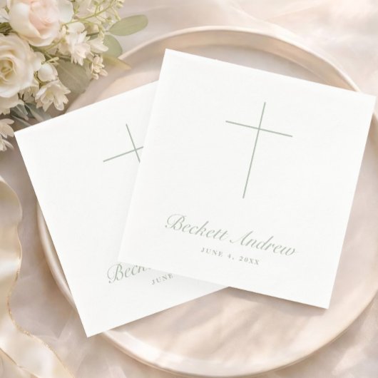 Serviette En Papier Simple Sage Green Cross Script Baptism
