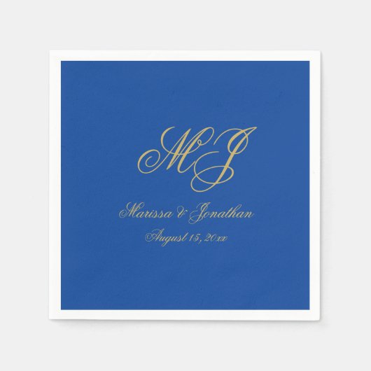 Serviette En Papier Simple Sapphire Blue Gold Monogramme Mariage de sc (Devant)