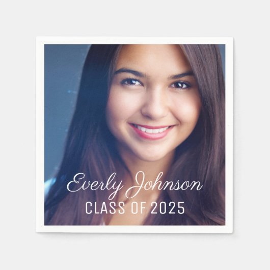 Serviette En Papier Simplement Élégant Script Blanc Photo Graduation (Devant)