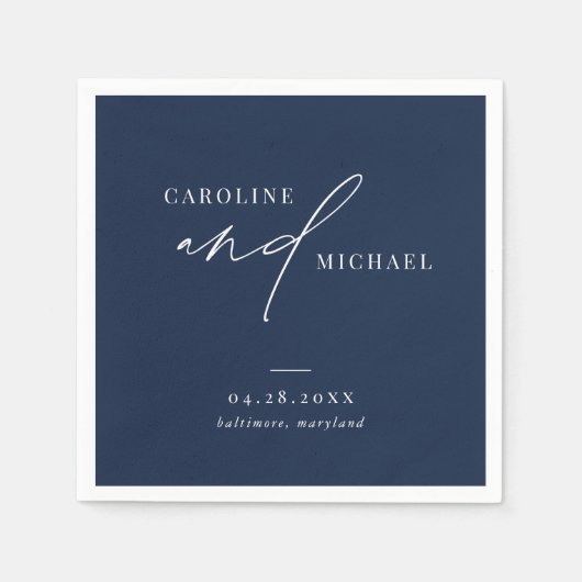 Serviette En Papier Simples noms de script moderne Marine Mariage bleu (Devant)