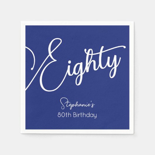 Serviette En Papier Simply Modern Script Navy Blue 80th Birthday Party (Devant)
