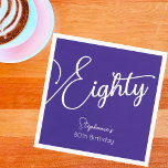 Serviette En Papier Simply Modern Script Purple 80th Birthday Party<br><div class="desc">Simply Modern Script Purple 80th Birthday Party Napkins Spécial unique élégant Purple anniversaire Napkins spécialement conçu pour vos amis qui tournent le merveilleux jalon de 80! Ces serviettes personnalisées ajoutent une touche parfaite aux paramètres de votre table de fête d'anniversaire. Planifiez votre fête avec plus de fournitures de fête d'anniversaire...</div>