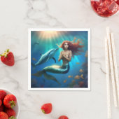 Serviette En Papier Sirène Angélique Nageant Avec Dauphins, (En situation)