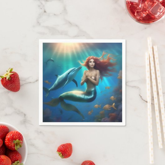 Serviette En Papier Sirène Angélique Nageant Avec Dauphins, (En situation)