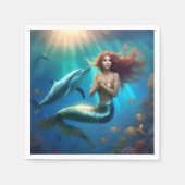 Serviette En Papier Sirène Angélique Nageant Avec Dauphins, (Devant)