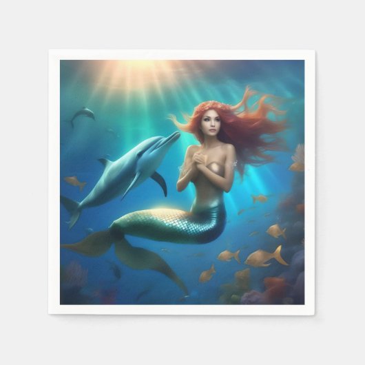 Serviette En Papier Sirène Angélique Nageant Avec Dauphins, (Devant)