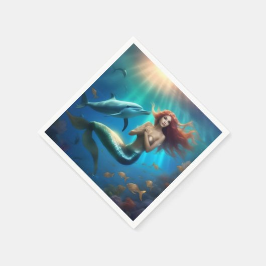 Serviette En Papier Sirène Angélique Nageant Avec Dauphins, (Coin)