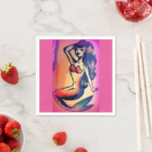 Serviette En Papier sirène aux cheveux foncés beauté rose (En situation)